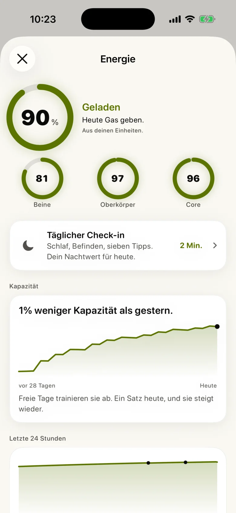 Strikt Energie mit Kapazitätsringen je Körperbereich und 28-Tage-Diagramm