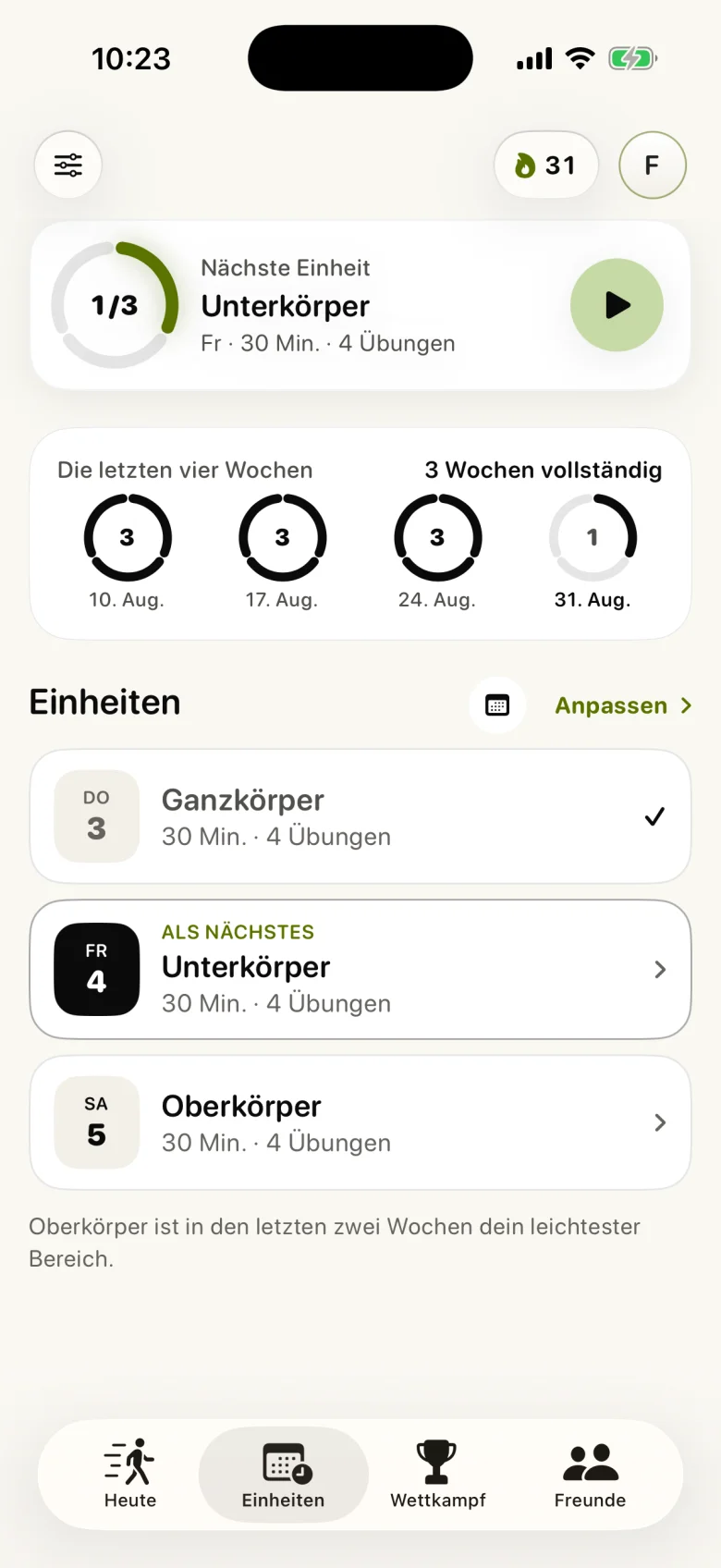 Strikt Trainingseinheiten mit Wochenplan und abgeschlossenen Workouts