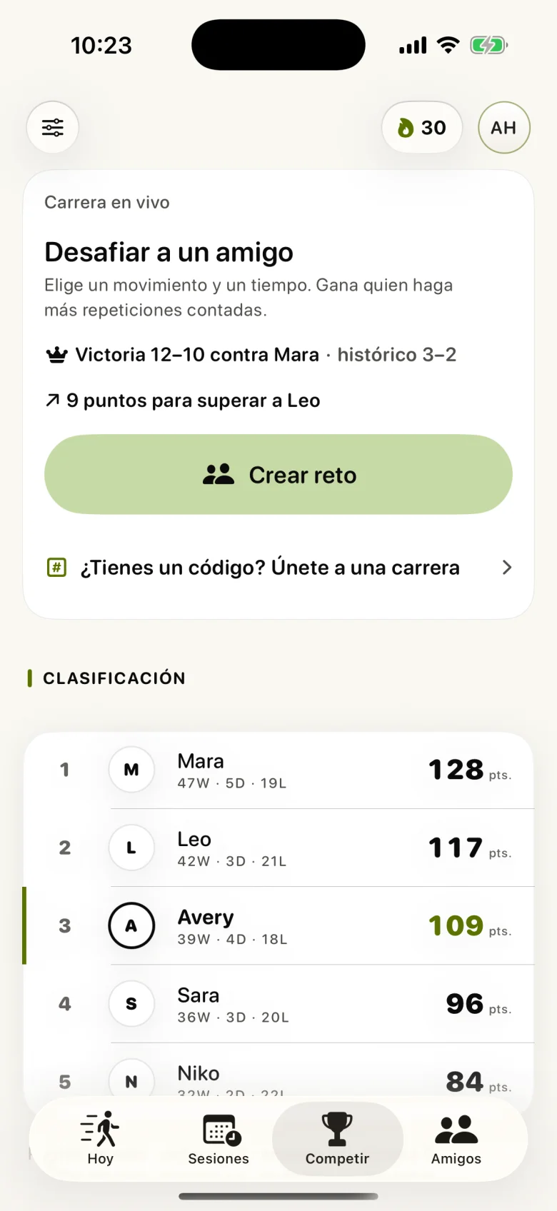 Competición de Strikt con retos entre amigos y clasificación