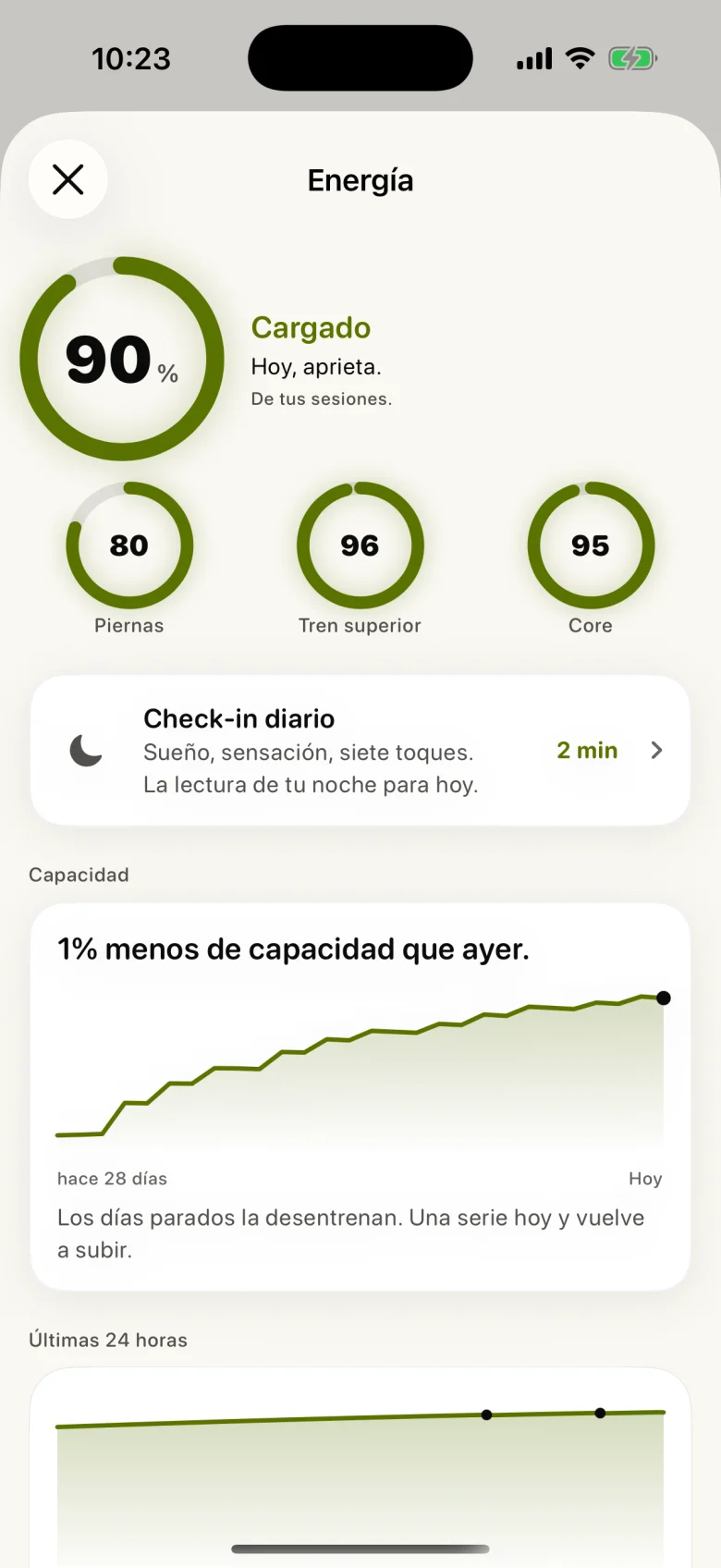 Energía de Strikt con anillos de capacidad por zona y gráfico de 28 días