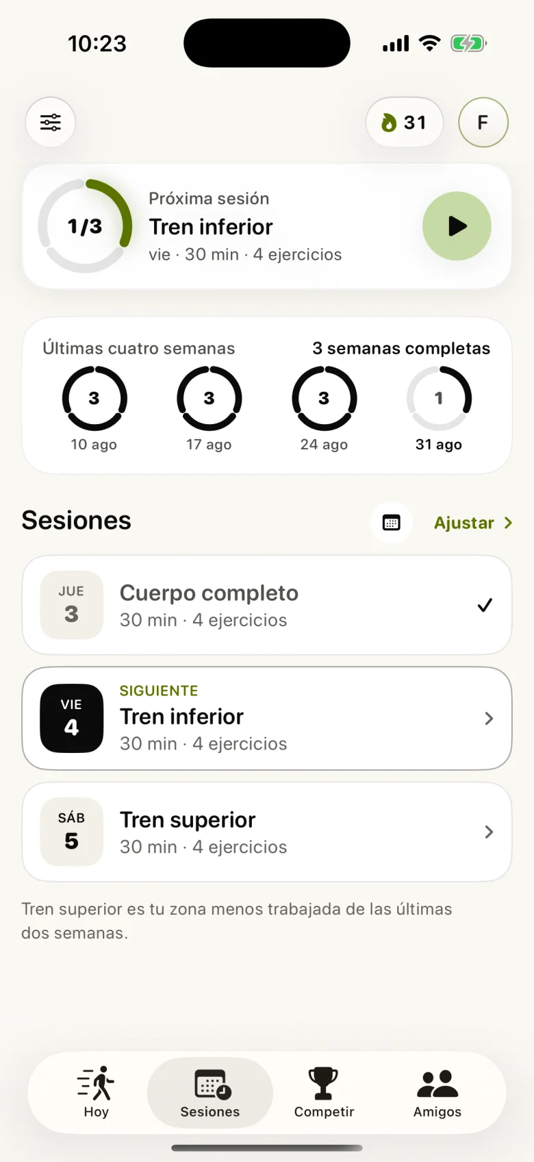 Sesiones de Strikt con el plan semanal y los entrenamientos completados