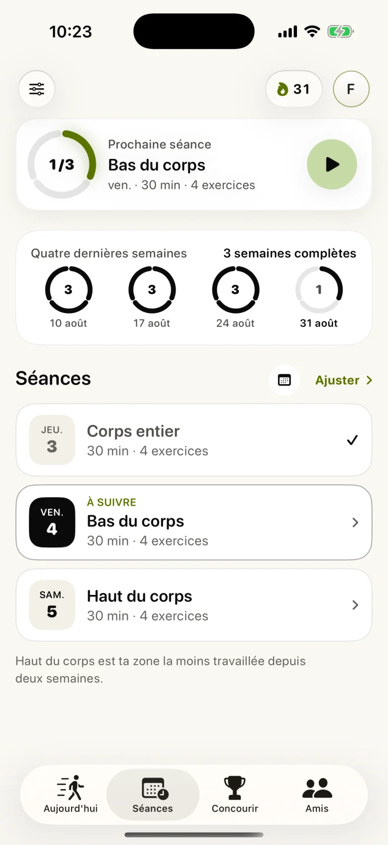 Séances Strikt avec le programme hebdomadaire et les entraînements terminés