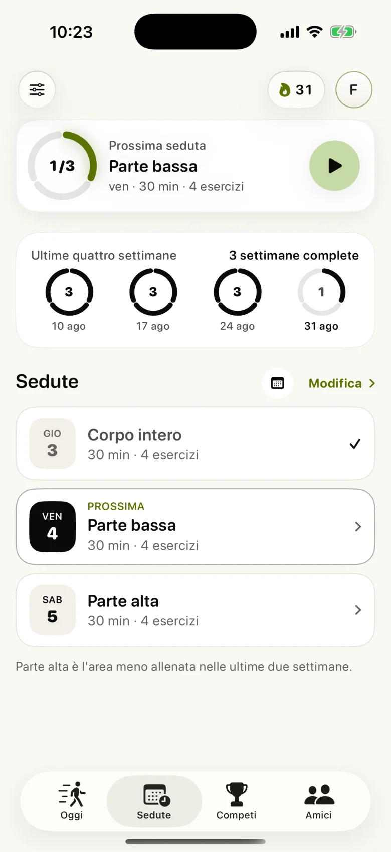 Strikt Sessioni con piano settimanale e allenamenti completati