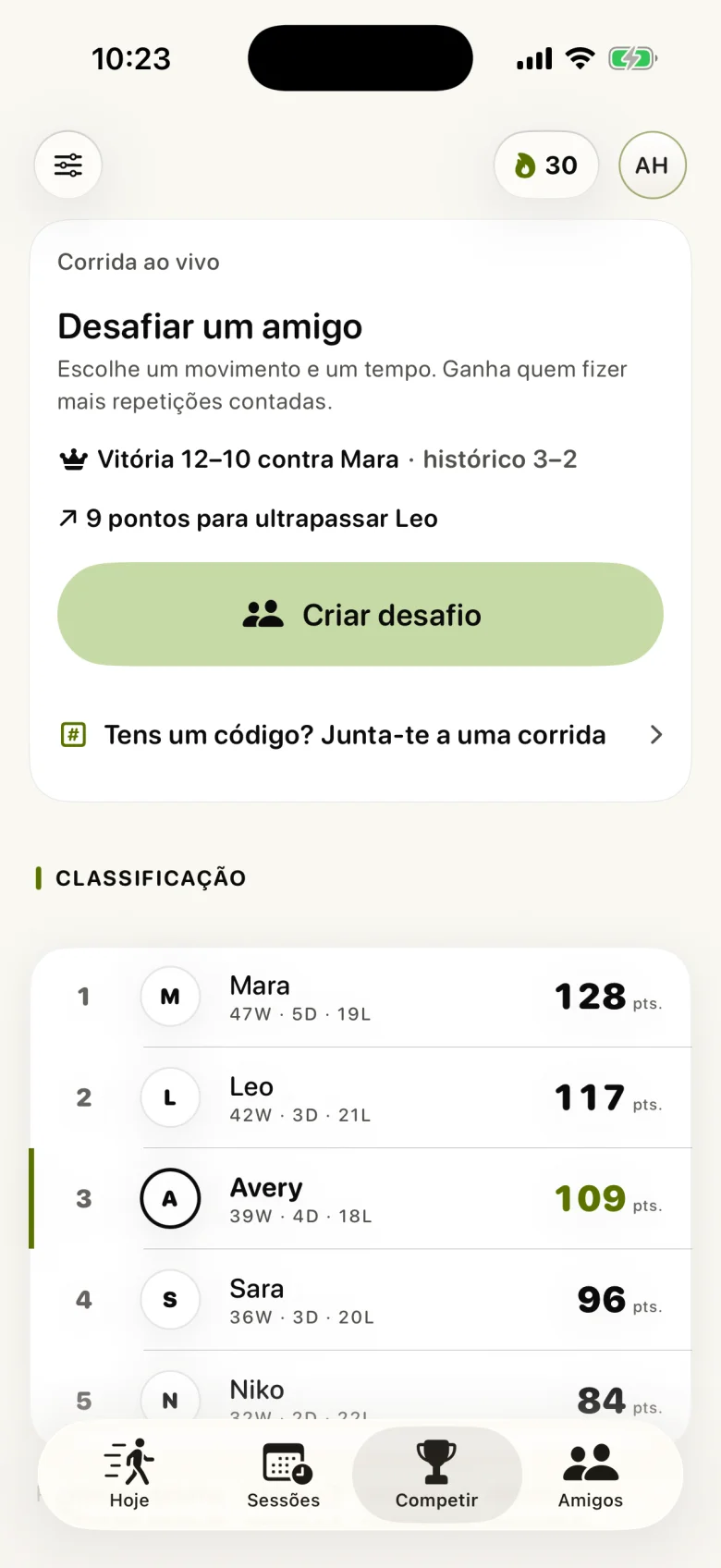 Competição Strikt com desafios entre amigos e classificação