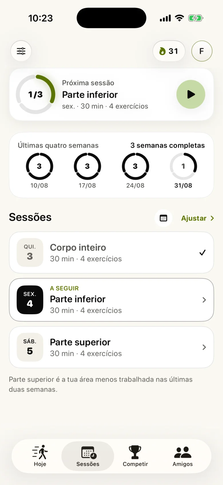 Sessões Strikt com o plano semanal e os treinos concluídos