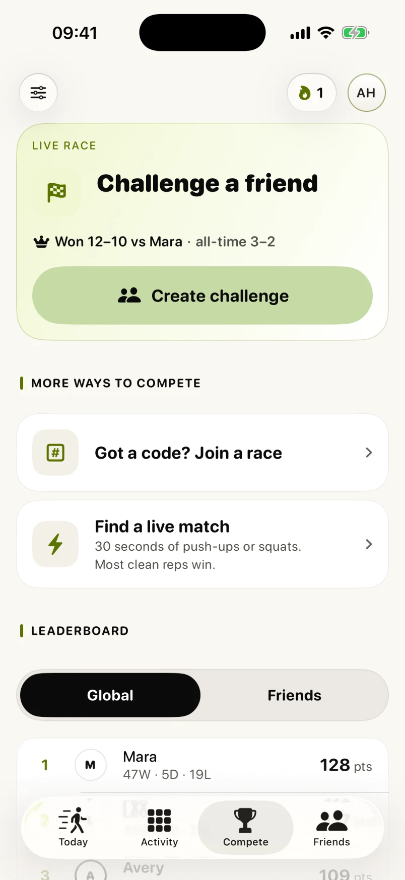 Strikt Compete screen for live races
