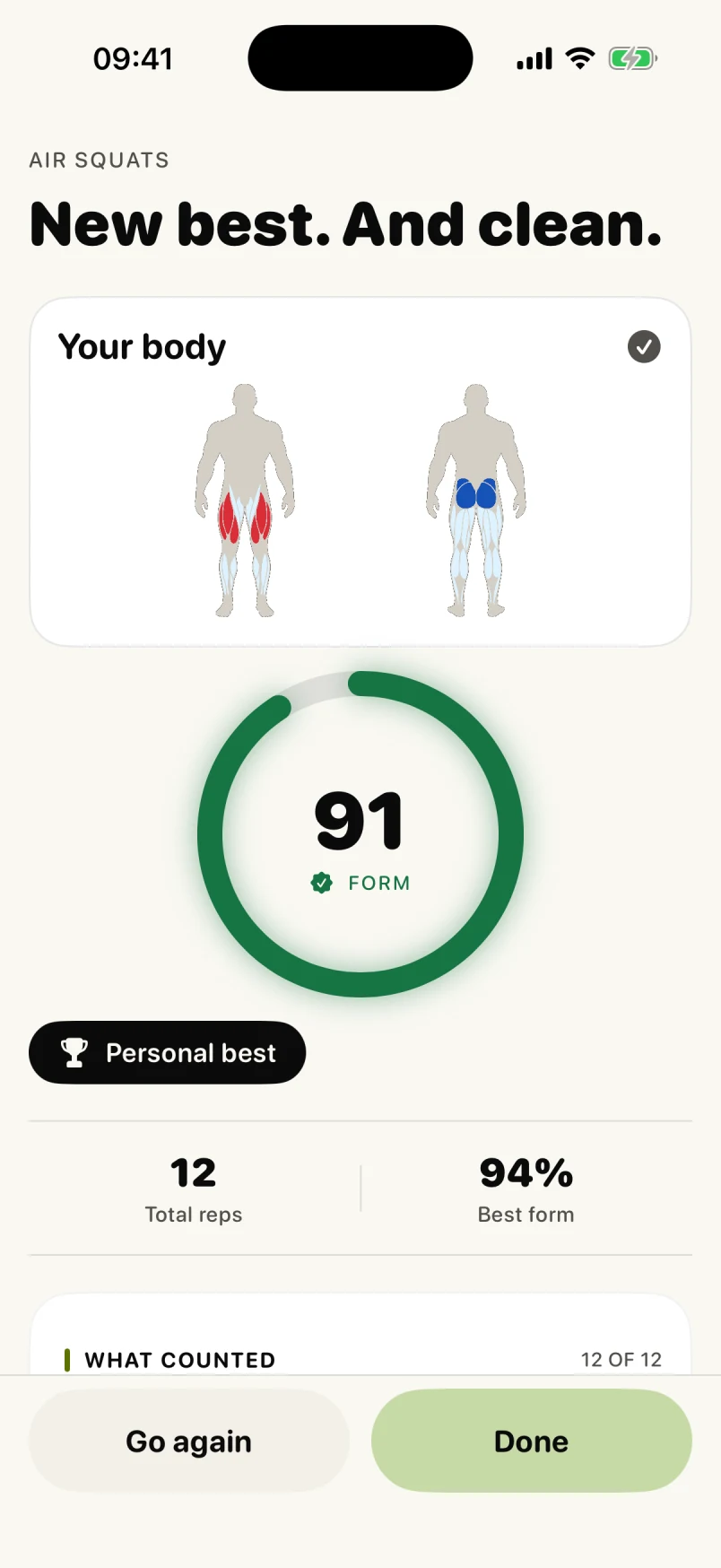 Strikt workout result with form score and rep total