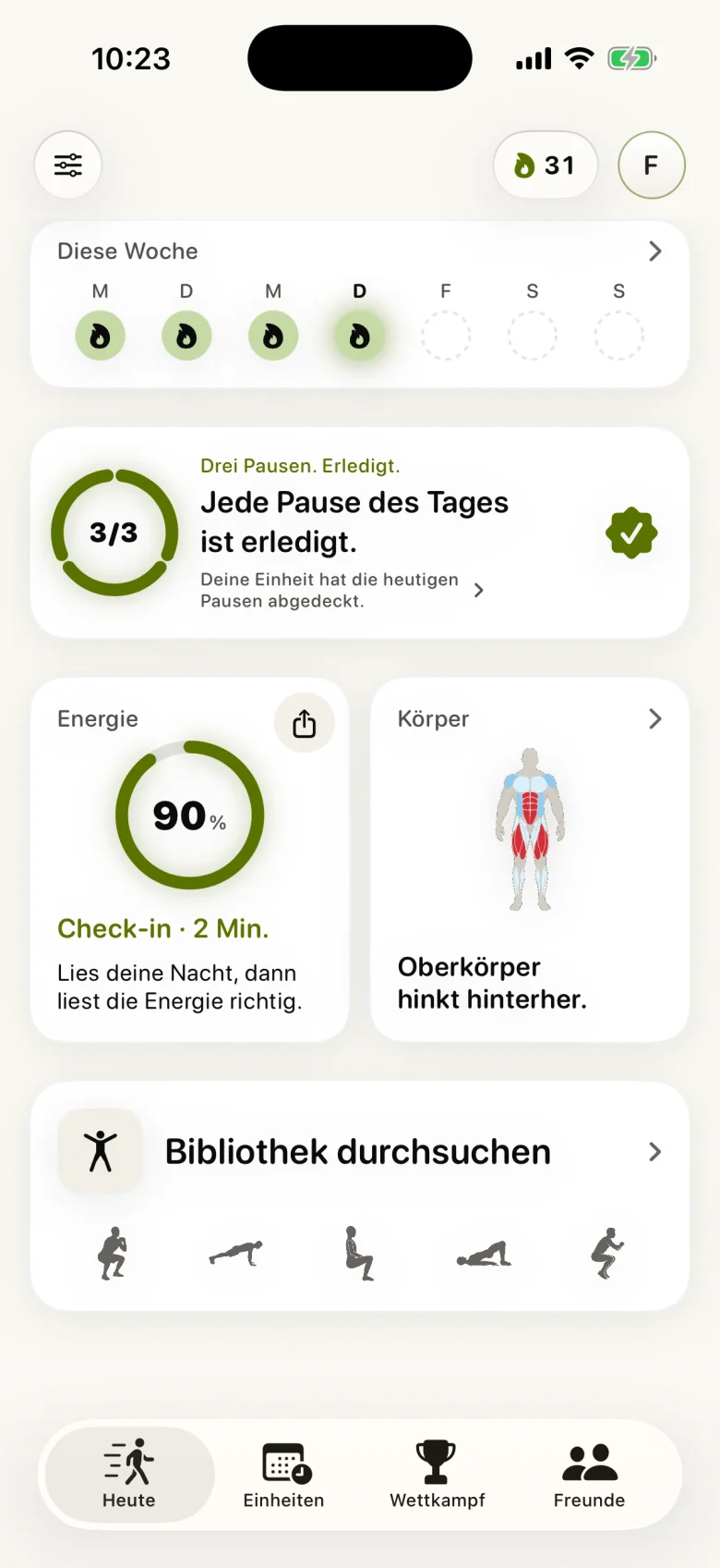 Strikt Heute: tägliche Bewegungspausen, Energie und Körperübersicht