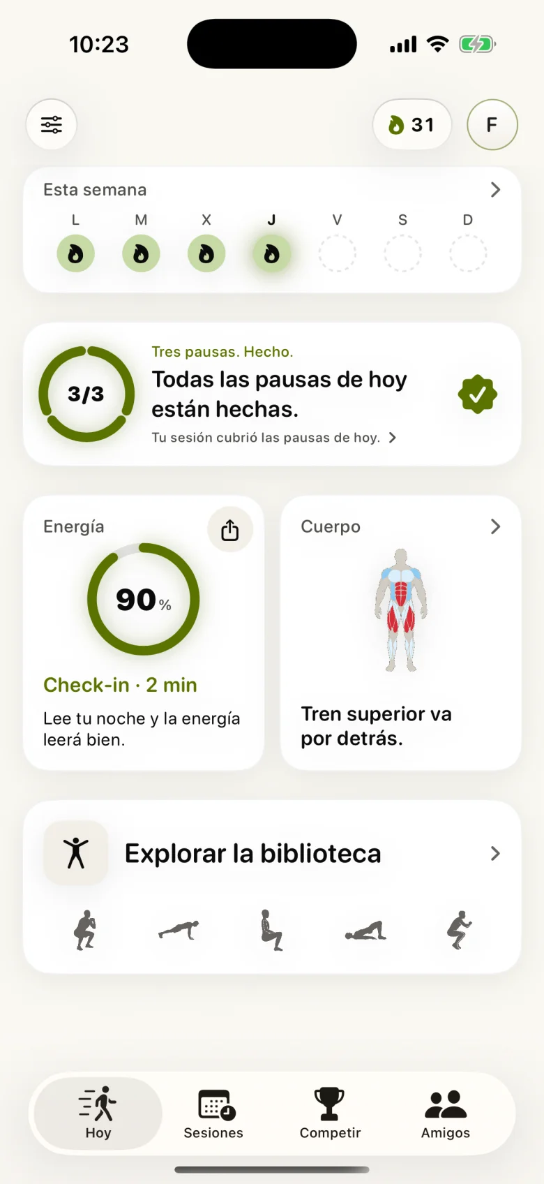Strikt Hoy: pausas diarias de movimiento, Energía y mapa corporal