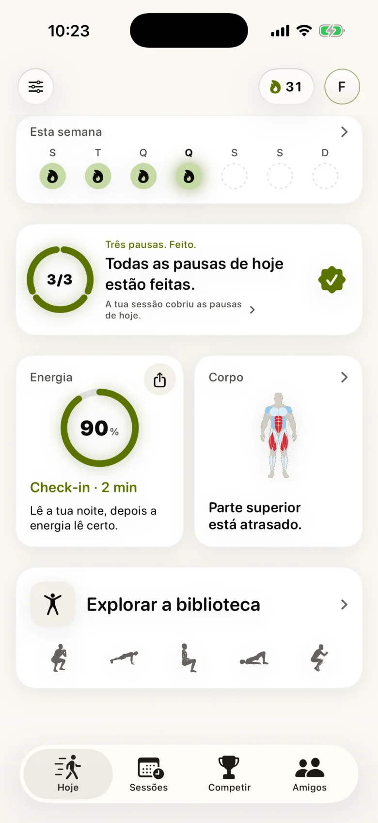 Strikt Hoje: pausas diárias de movimento, Energia e mapa corporal