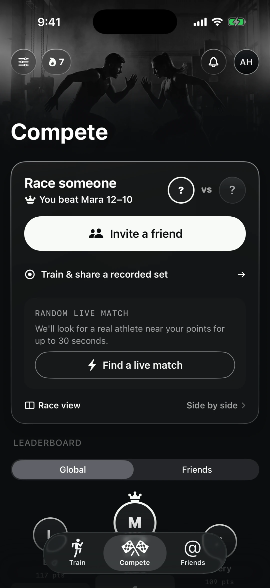 Strikt Compete screen with live matches, friend challenges and leaderboard