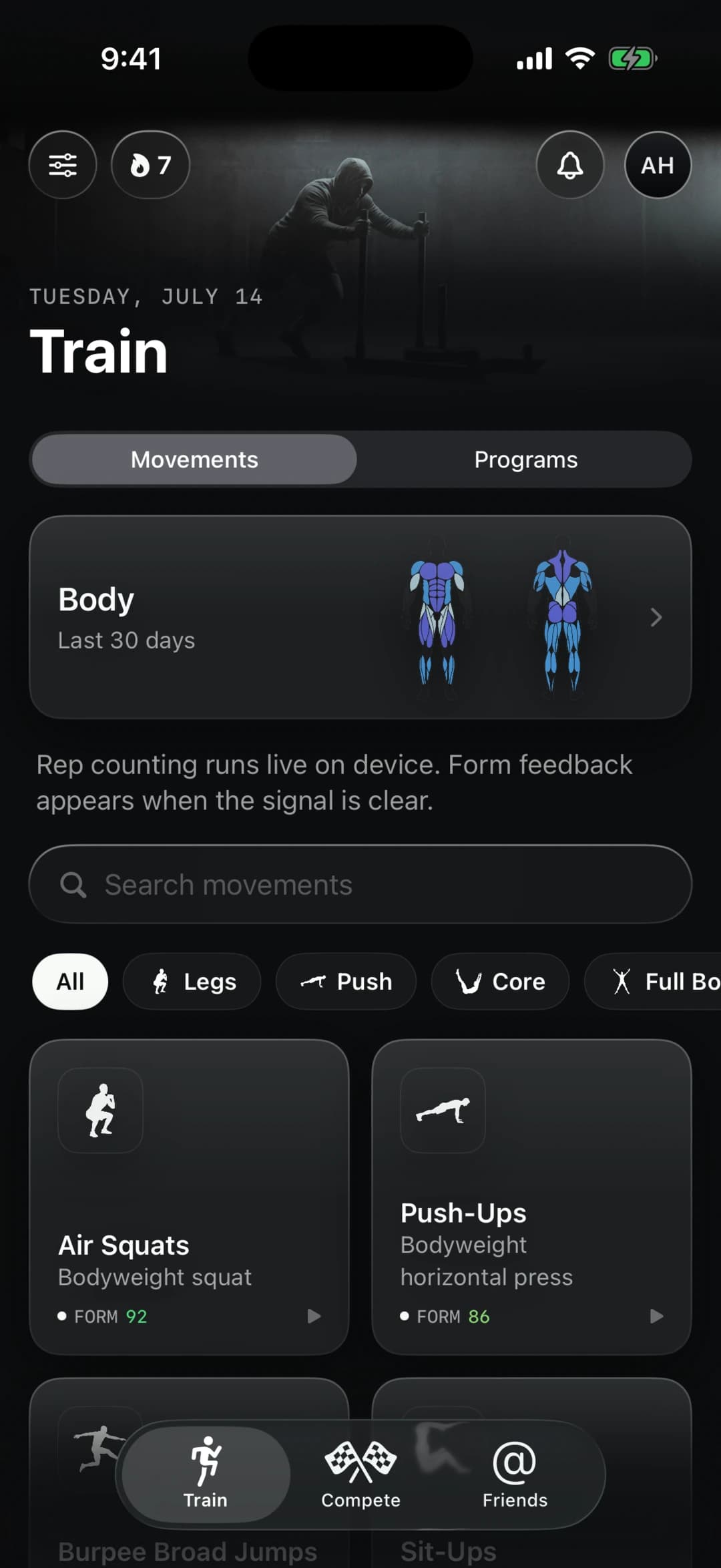 Strikt Train screen with the movement library, body overview and programs