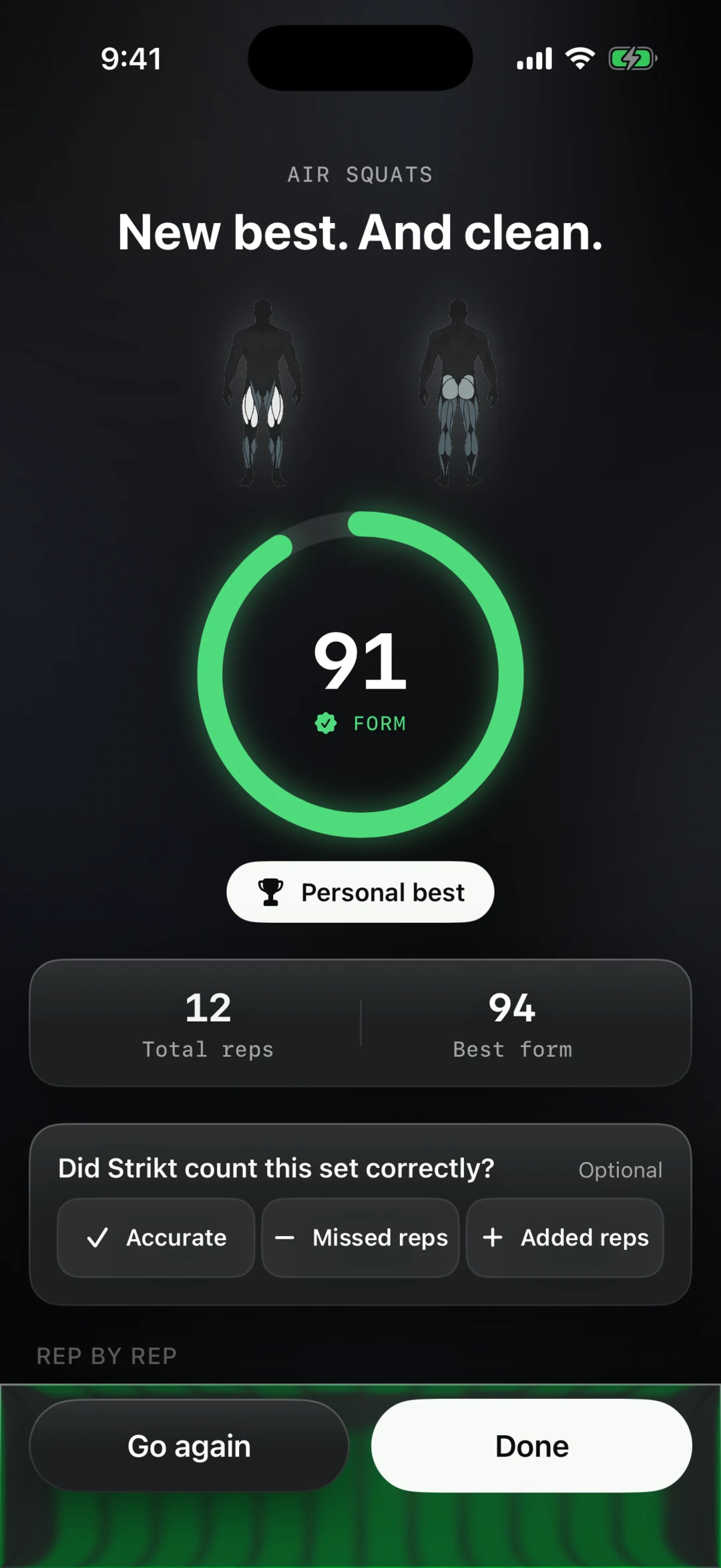 Strikt workout result with camera-scored form and a new personal record