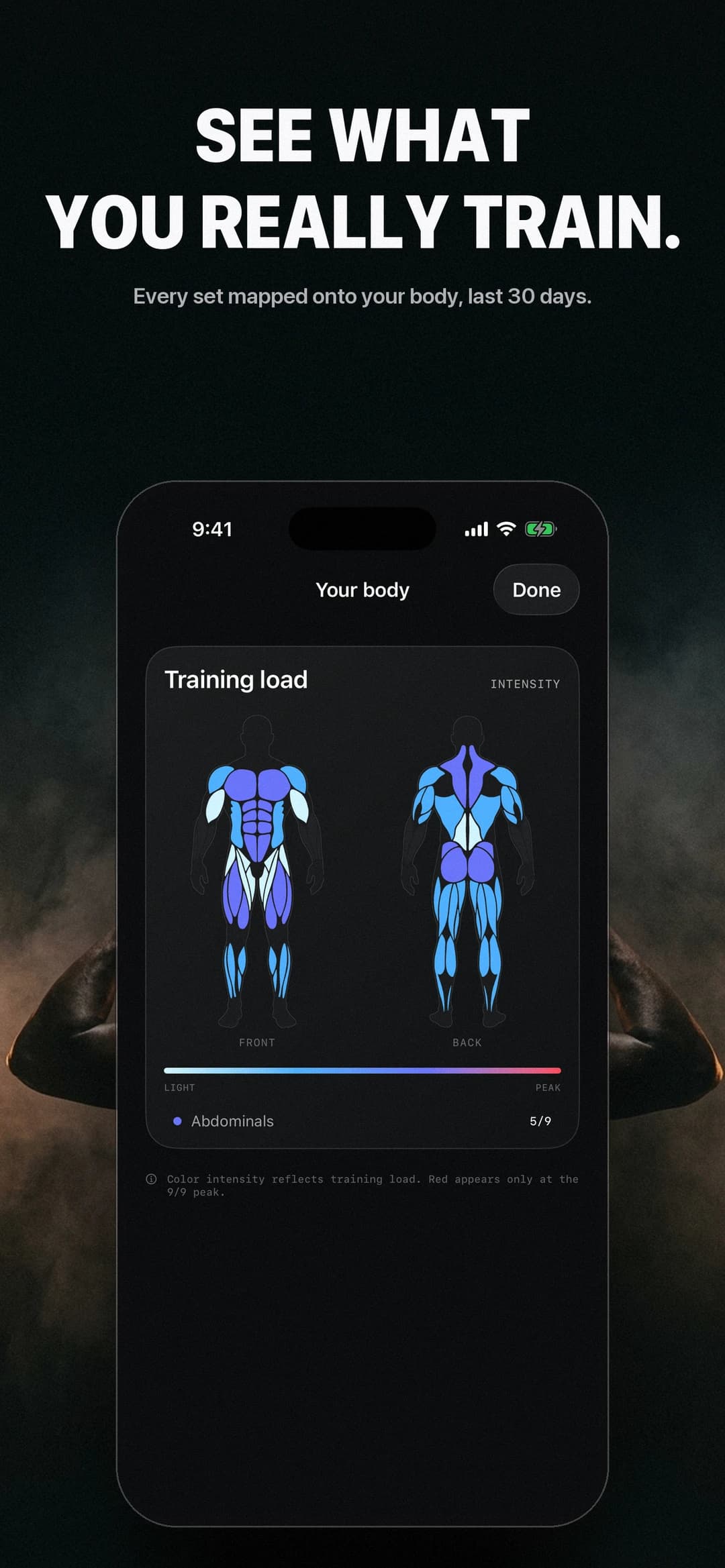 Strikt body map showing training load by muscle group