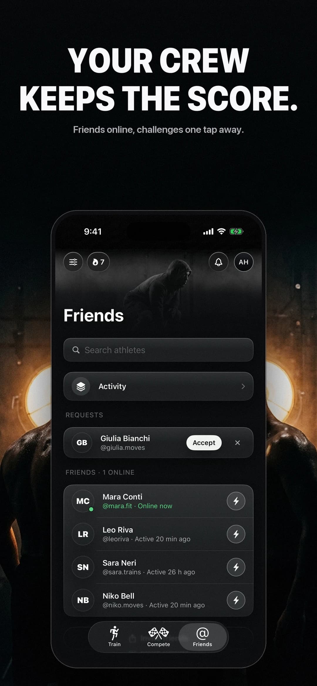 Strikt Friends screen with activity and challenges