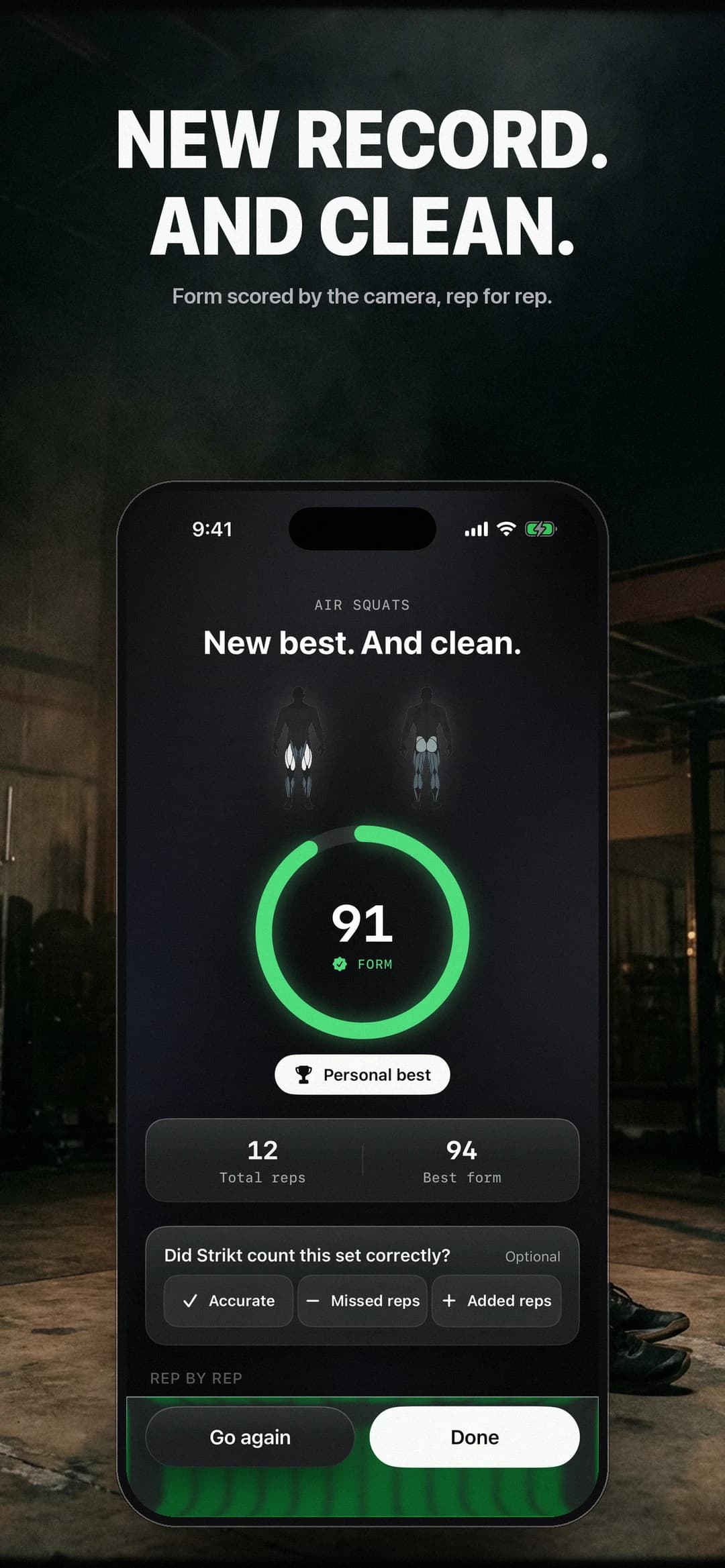 Strikt workout result with rep total and form score